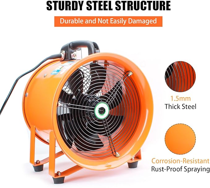 8-Inch High-Velocity Portable Utility Blower Fan, Industrial Exhaust Fan with 33ft Flexible Duct Hose, 3150 RPM Low-Noise Ventilator for Basements, Workshops, Warehouses, and Confined Spaces