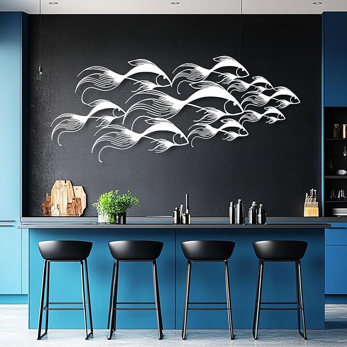 School of Fish Metal Wall Art, Metal Fish Wall Decor, Sea Life Wall Art, Large Nautical Wall Hanging, Modern Beach House Wall Decor, Ocean Themed Artwork for Bathroom (Black, 59"x25" | 150x64cm)