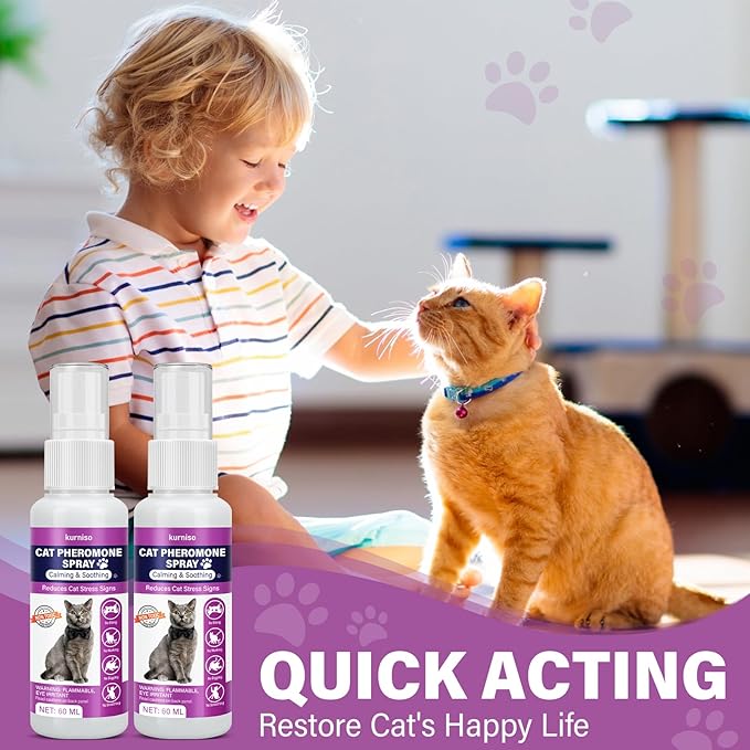 Cat Calming Pheromone Spray, 2 Pack, Calming Spray for Cat Anxiety Relief, Reduce Stress, Hiding & Scratching Furniture - During Travel, Fireworks, Thunder, 60 ML