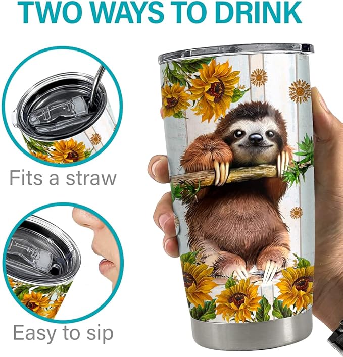SANDJEST Sloth Tumbler Sunflower 20oz Tumblers with Lid Gift for Girl Daughter Women Best Friend Sister Animal Lovers Christmas Birthday