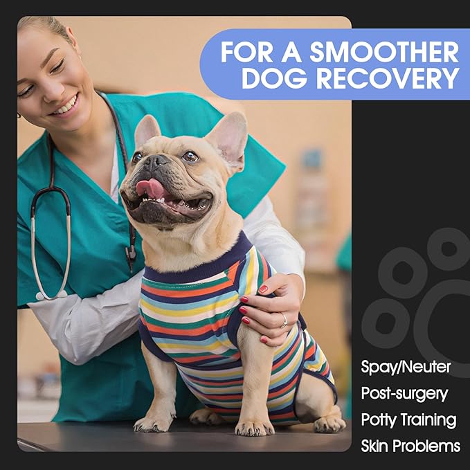FUAMEY Recovery Suit for Dogs After Surgery,Soft Breathable Dog Bodysuit E-Collar & Cone Alternative Surgical Suit,Male Female Dog Neuter Spay Suits Anti Licking Wounds Onesie Dark Blue Stripes S