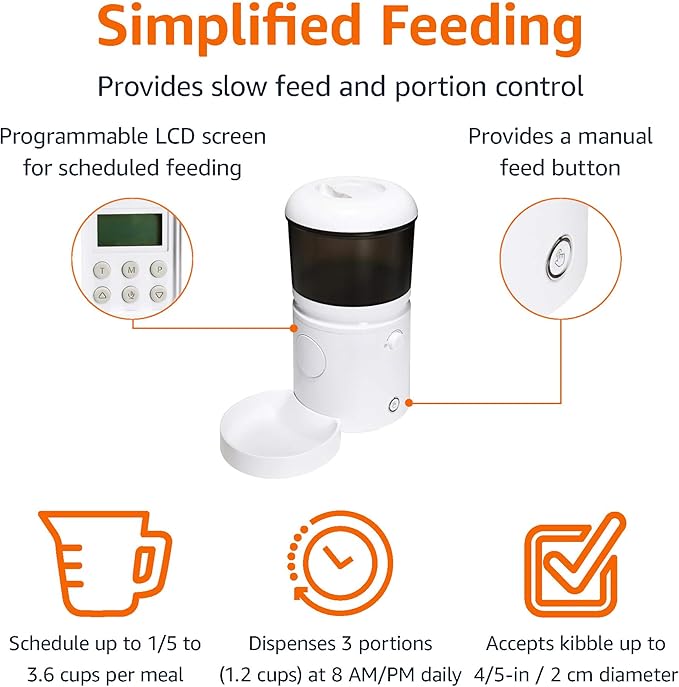 Amazon Basics Automatic Feeder for Cats and Dogs with Speed & Portion Control, 4L Capacity, White