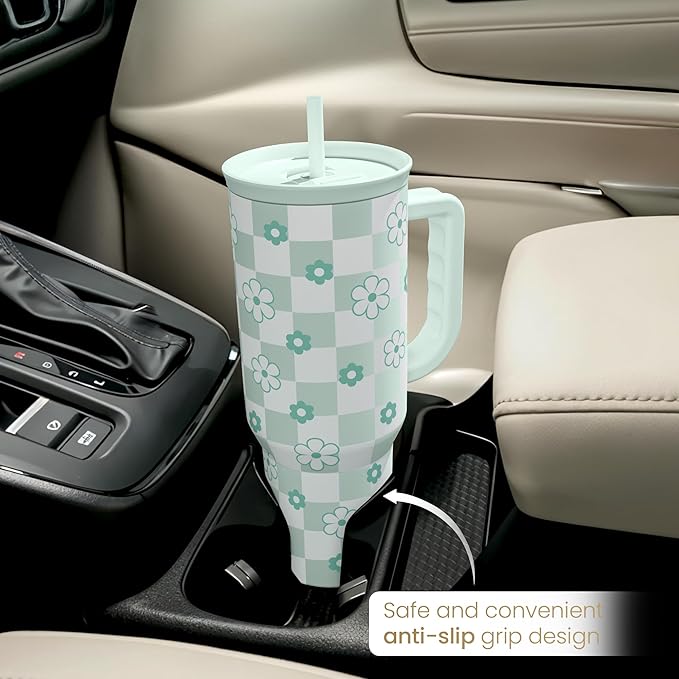 SANDJEST 40oz Daisy Flower Tumbler with Handle and Straw - Insulated Stainless Steel Coffee Travel Mug for Women Girls, Floral Gift Idea for Birthday Christmas