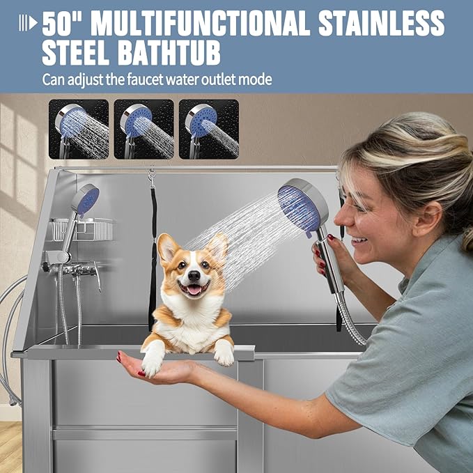 50" Pet Dog Bathing Station W/Ramp, Professional Stainless Steel Dog Grooming Tub W/Storage Drawer, Floor Grate, Faucet, Dog Bathtub For Large,Medium, Small Pets, Washing Sink For Home (50"Left ramp)