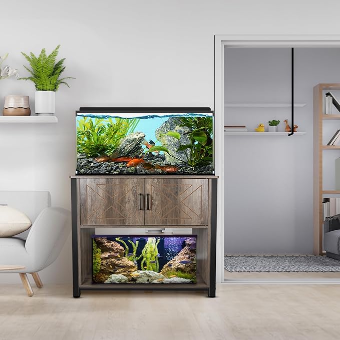40 Gallon Aquarium Stand with Cabinet & Power Outlets, Heavy Duty Metal Stand for 40-50 Gallon Breeder & Turtle Tanks, Double Terrarium Stand, 660LBS Capacity, Grey