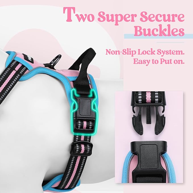 rabbitgoo Dog Harness No Pull with 2 Leash Clips, Adjustable Soft Padded, Reflective Oxford No Choke Pet Vest with Easy Control Handle for Large Dogs, Pink & Blue, L