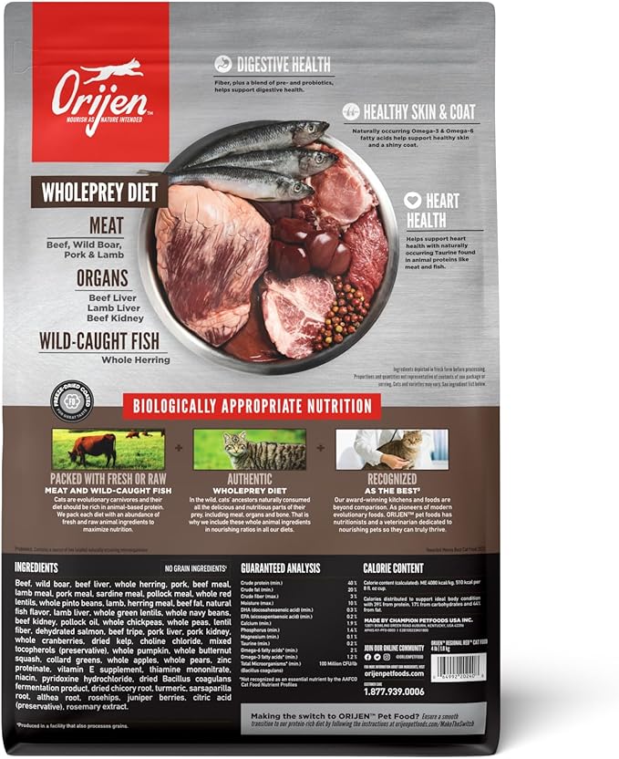ORIJEN Grain Free High Protein Premium Dry Cat Food Regional Red Recipe 4lb Bag