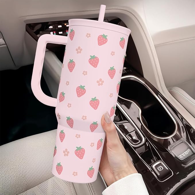 SANDJEST Strawberry Tumbler with Handle 40oz – Insulated Stainless Steel Travel Coffee Mug Cup for Girls Women, Gift for Christmas, Birthday