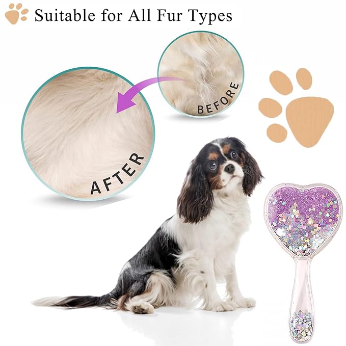 Small Dog Brush, Soft Brush for Shih Tzus, Yorkies, Maltipoos, Maltese, Love Shape Puppy Massaging Hair Comb for Small Dogs Cats Rabbits of All Hair Types (Glitter Purple)