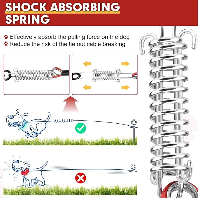 Snagle Paw Dog Tie Out Cable 30FT-1000LBS Break Strength,Heavy Duty Dog Leads for Yard with Shock Absorbing Spring & Swivel Hook,Long Leash Cable for Outdoor Tethering,Dog Line for Small Large Dogs