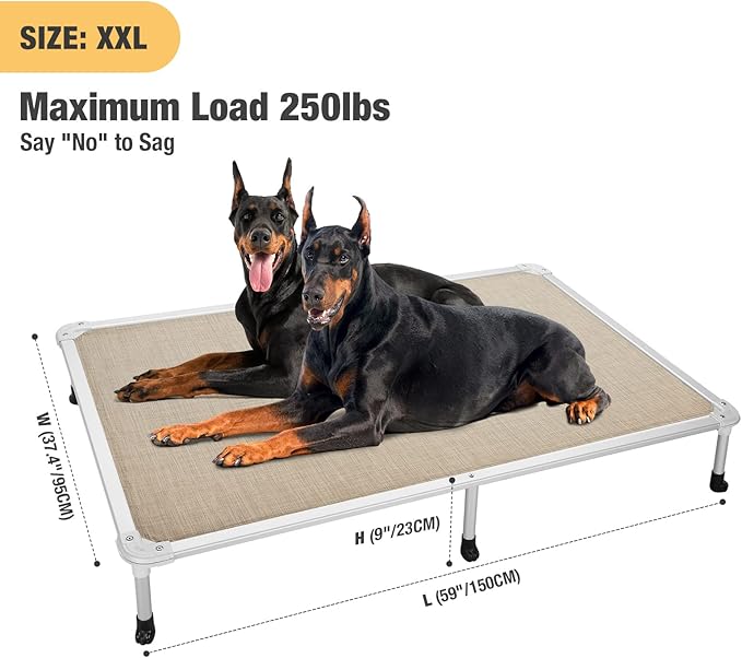 Veehoo Chew Proof Elevated Dog Bed - Cooling Raised Pet Cot - Silver Aluminum Frame and Durable Textilene Mesh Fabric, Unique Designed No-Slip Feet for Indoor or Outdoor Use, Beige Coffee, XX Large