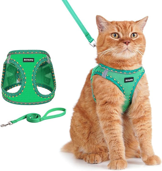 Rttochfy Cat Harness and Leash Set, Escape Proof Kitten Harness, Soft and Breathable Vest with Reflective Strip, Easy to Wear for Cats Walking and Traveling (Green, XXS)