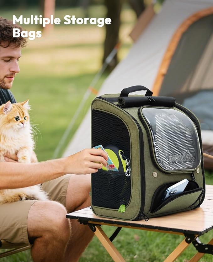 Pecute Cat Backpack Carrier, Large Space Cat Bubble Backpack, Breathable Cat Carrier, Shaded Dog Backpack Carrier, Ergonomic 3D Design for Travel, Hiking, Suitable for Shopping, and Vet, Green