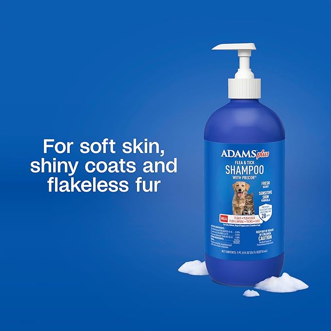 Adams Plus Flea & Tick Shampoo with Precor for Cats, Kittens, Dogs & Puppies Over 12 Weeks Of Age |Sensitive Skin Flea Treatment |Kills Adult Fleas, Flea Eggs, Ticks, and Lice |24 Oz, Pump Included