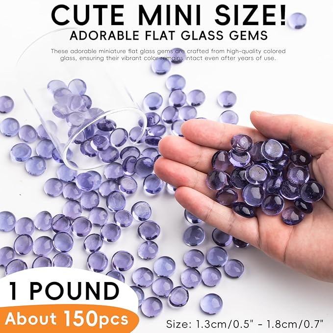 1 LB Purple Glass Marbles, Mini Flat Glass Beads~150 PCS for Vase Fillers, Floral Bottom Mancala Gems Pebbles Fish Tank Rocks for Table Aquarium,Home Decor Art Craft Supplies(0.5"~0.7")