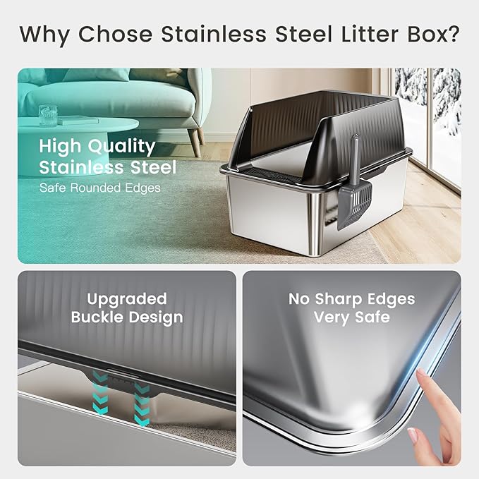 Tripamin 2PACK Stainless Steel Litter Box, 8" Metal Litter Boxs with Lid High Sides, XL Extra Large Litter Box for Big Cats, Leak-Proof, Easy Cleaning, Non-Sticky(Translucent Black)