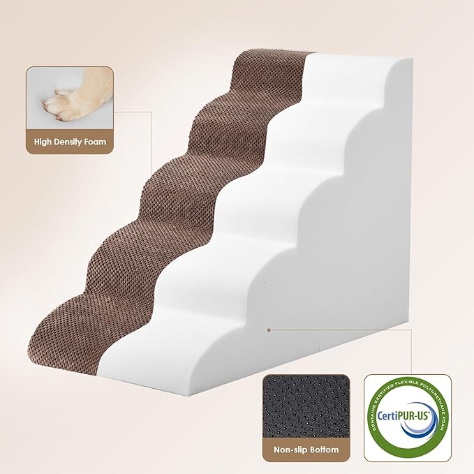 EHEYCIGA Curved Dog Stairs Ramp for High Beds 22.6" H, 5-Step Dog Steps for Small Dogs and Cats, Pet Stairs for High Bed Climbing, Non-Slip Balanced Pet Step Indoor, Brown