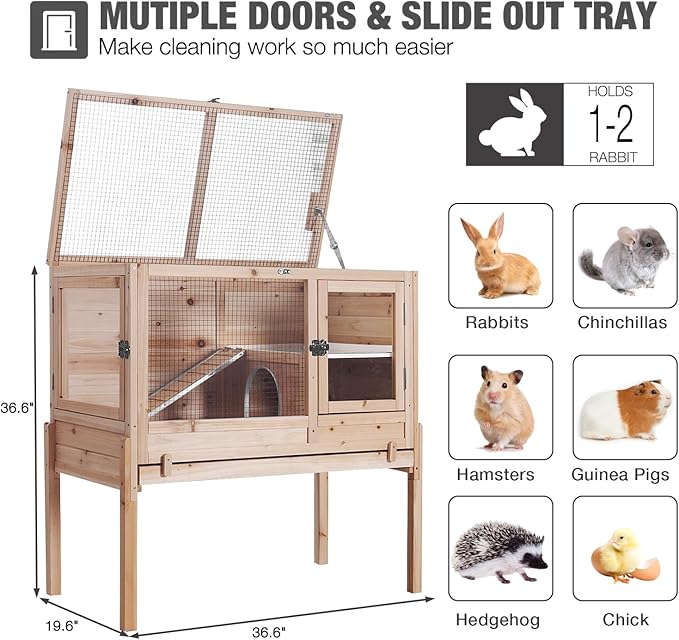 Guinea Pig Cages with Anti Chewing Edges and Cool Zinc Plate, Indoor Rabbit Hutch with Hideout and PVC Platform, Elevated Legs Hamster Cage 36.6" L (Nature)