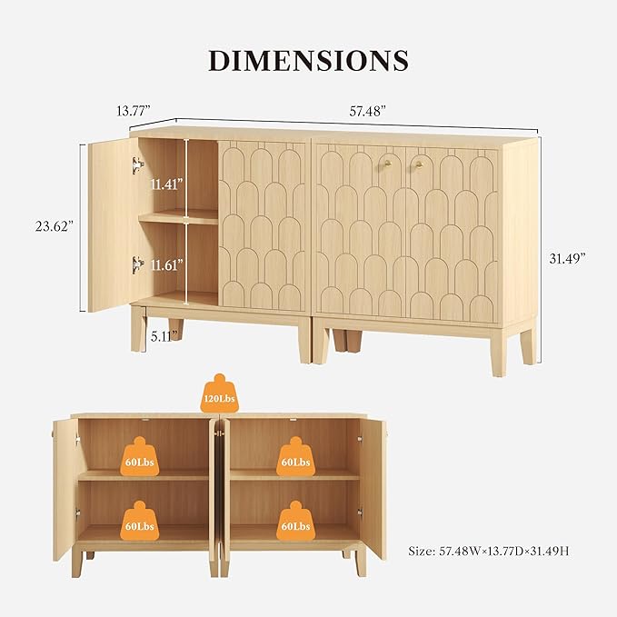 Farmhouse Storage Cabinet, Modern Buffet Sideboard with Doors, Fish Scale Pattern, Boho Cabinet for Dining Room, Natural, 2 Pieces