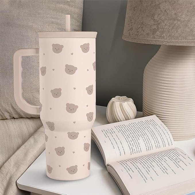 SANDJEST Bear Tumbler with Handle, Insulated Cup Stainless Steel Travel Mug Cup, Gifts for Women Girl, 40oz