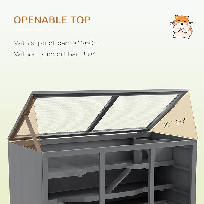 PawHut 45" Extra Large Wooden Hamster Cage, 3-Layer Chewproof Rat Cage with Opening Roof, Hut, Ramps, for Gerbil, Dwarf & Syrian Hamsters, Gray