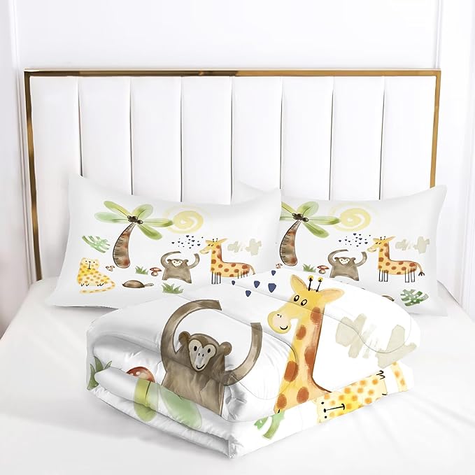 Safari Animals Comforter Set: King Size Woodland Animal Bedding Sets for Adults Teens Girl Boy Cartoon Forest Jungle Giraffe Monkey Quilts Wildlife Duvet Bed Sets 3 Piece