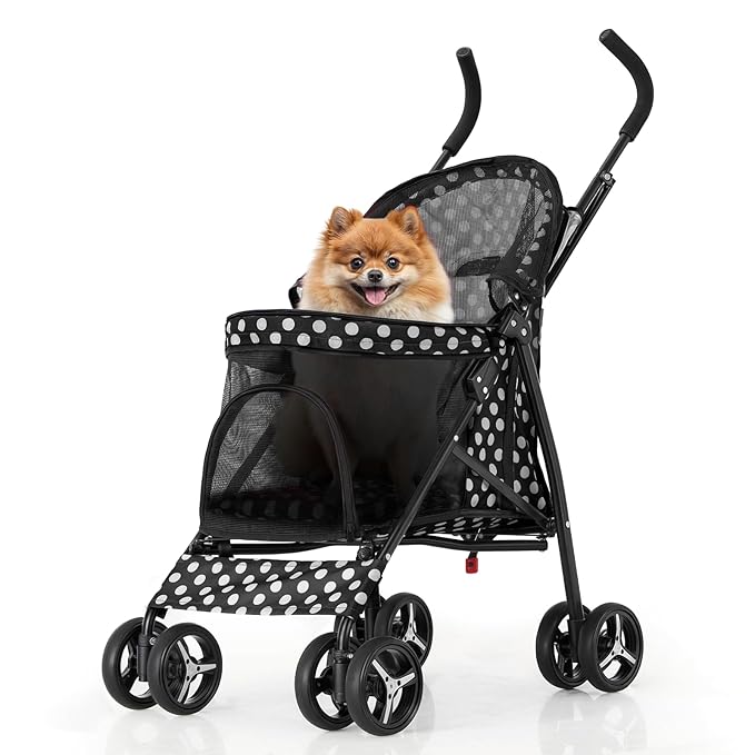 MoNiBloom 4 Wheels Pet Stroller, Easy-Fold Umbrella Shaped Dog Cat Jogger Stroller w/Storage Bag & Visible Mesh for Small/Medium Dogs Cats Black Polka Dots