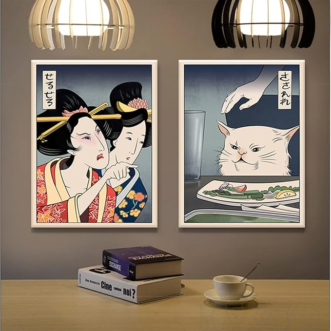 2 Funny Cute Canvas Paintings Japanese Woman Yelling at Cat Eat Food Poster Print Vintage Wall Art Meme Pictures Dining Room Kitchen Hallway Unframed 12x16 inches…
