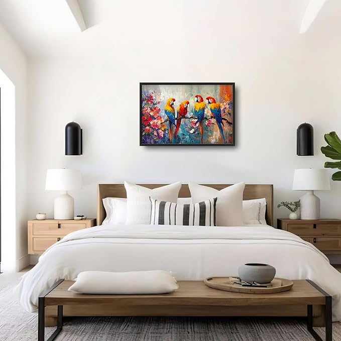 Extra Large Framed Parrot Bird Wall Art,Oversized Abstract Colorful Parrots Flower Wall Decor Pictures for Living Room,Canvas Print Painting Modern Artwork Bedroom Office Bathroom Home Decor 36L x24W
