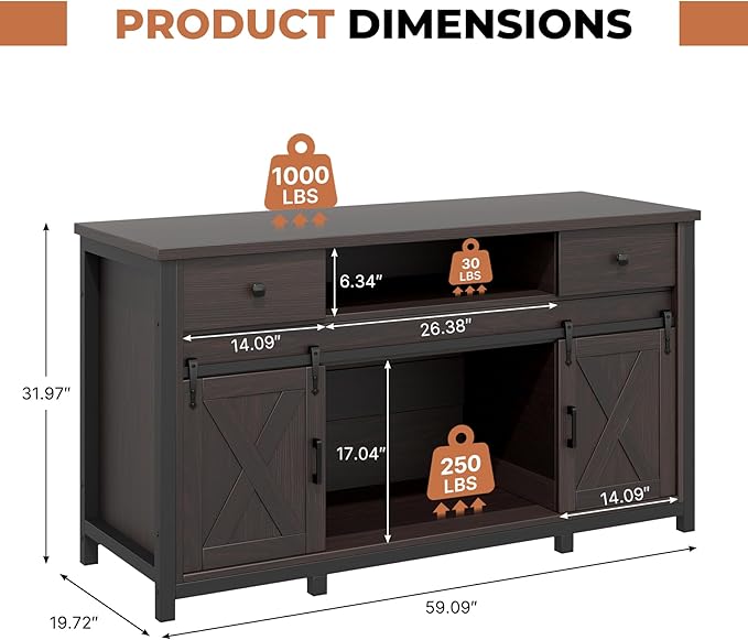 Miereirl 75-120 Gallon Fish Tank Stand with Power Outlet – Heavy Duty Aquarium Stand, Rustic Farmhouse Style, 1000 lb Capacity, Adjustable Storage & Sliding Barn Doors, Dark Brown