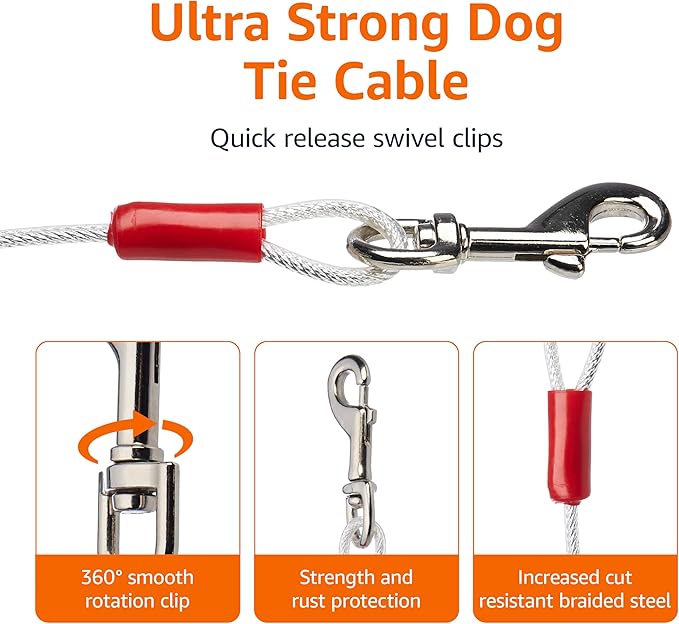 Amazon Basics Tie-Out Cable for Dogs up to 90 lbs, 25 feet, Set of 2, White