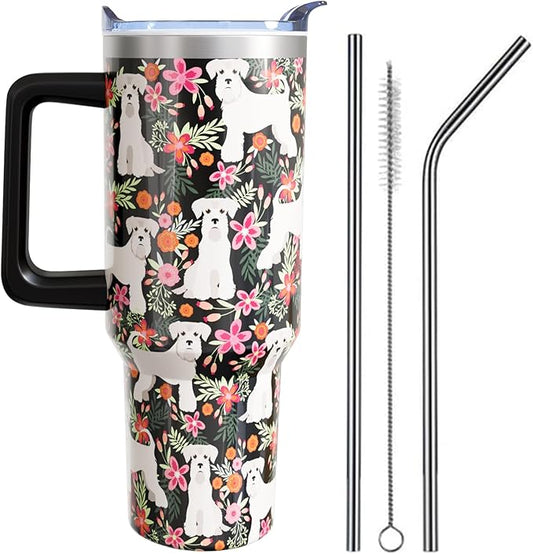 Schnauzer Gifts for Women Dog Lovers 40 oz Floral Schnauzer Tumblers with Handle and Straw, Stainless Steel Vacuum Insulated Travel Coffee Mug Cup Water Bottle