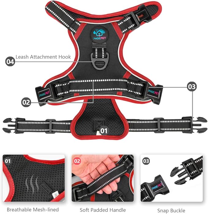 PHOEPET 2019 Upgraded No Pull Dog Harness, Reflective Adjustable Vest, with a Training Handle + 2 Metal Leash Hooks+ 3 Snap Buckles +4 Slide Buckles(L, Black)