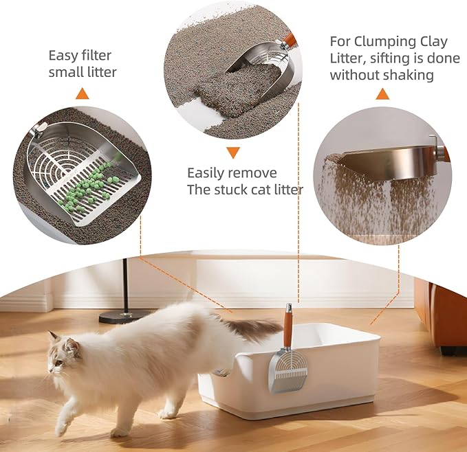 Extra-Thick Stainless Steel Cat Litter Scoop Heavy Duty Metal Litter Scooper with Holder Easy Remove Stuck Litter