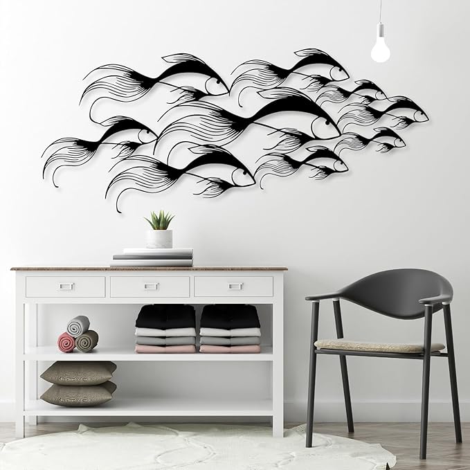 School of Fish Metal Wall Art, Metal Fish Wall Decor, Sea Life Wall Art, Large Nautical Wall Hanging, Modern Beach House Wall Decor, Ocean Themed Artwork for Bathroom (White, 53"x22" | 135x57cm)