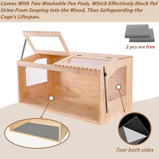 Wooden Hamster Cage, 32"x16"Guinea Pig Cage, Small Animal Cage for Dwarf Syrian Hamsters Degus Mice & Other Small Pets. Large Hamster cage with with 2 Adjustable skylights.