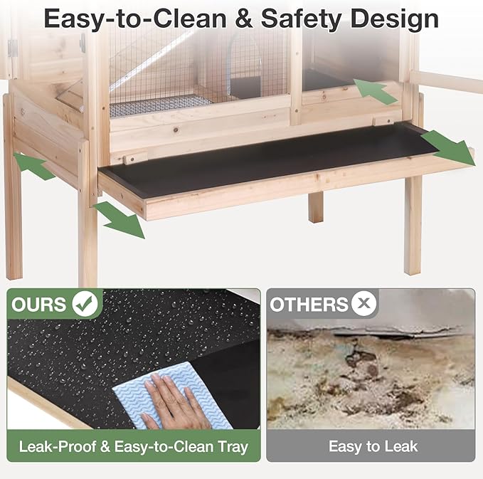 Guinea Pig Cage with Wooden Stand - Hamster Cage, Small Animal Cage Anti Chew Ramp, Hideout, Platform, Pull Out Tray (Wood, L)