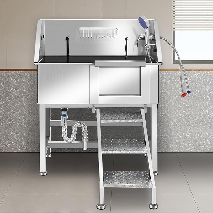 Professional Stainless Steel Dog Grooming Bathtub Station Wash Shower Sink with Faucet Walk-in Ramp and Accessories Pet Grooming Bathtub Station,34" R-RAMP