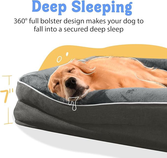 Washable Orthopedic Large Dog Bed - Removable Orthopedic Dog Beds XL with Bolster for Extra Large Dogs with Washable Cover and Non-Slip Bottom