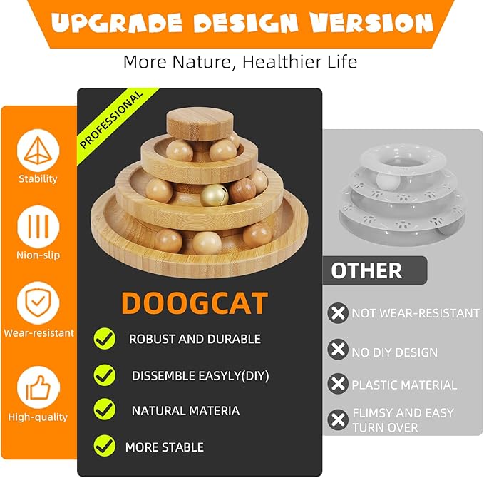 Cat Ball Track - 3-Level Cat Ball Tower with 9 Removable Balls for Interactive Play and Mental, Physical Exercise - Large Size