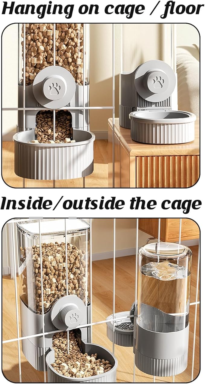 GPY Automatic Hanging Gravity Pet Feeder and Water Dispenser Set ，Automatic Dog Feeder and Dog Water Dispenser for Dogs Cats Pets Animals Large Capacity (Blue Water Feeder&Food Feeder) (Grey)