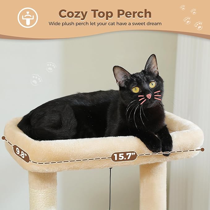 PEQULTI 4-in-1 Cat Tree, 33'' Cat Tower for Indoor Cats with Large Cat Condo, Scratching Post for Cats with Deep Hammock& Cozy Top Perch, Beige