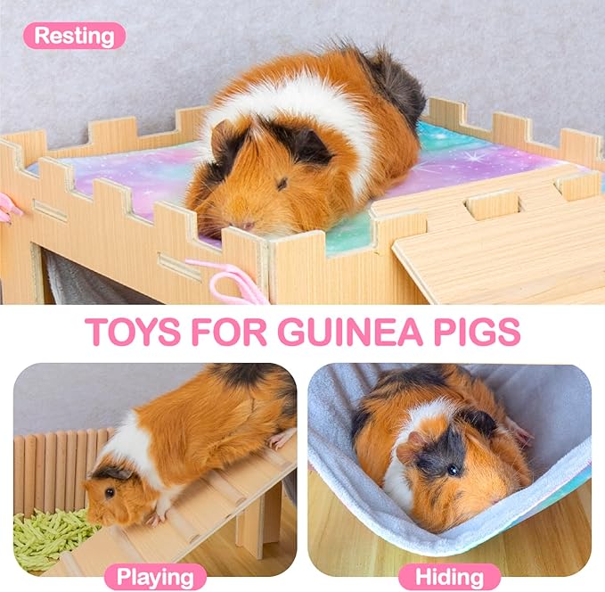 Guinea Pig Hammock with Platform and Ramps,Wooden Small Animal Hideout with Waterproof Coating Mat Hammock,Guinea Pig Cages Accessories Toys Hiding Playing,Easy to Clean(Double)
