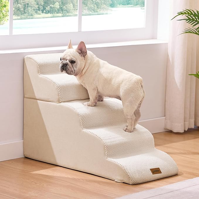 Dog Stairs for High Beds - Pet Stairs Ramp for Couch, 35D Foam Dog Steps for Small to Large Pets, with Non-Slip Bottom Beige, 5 Steps