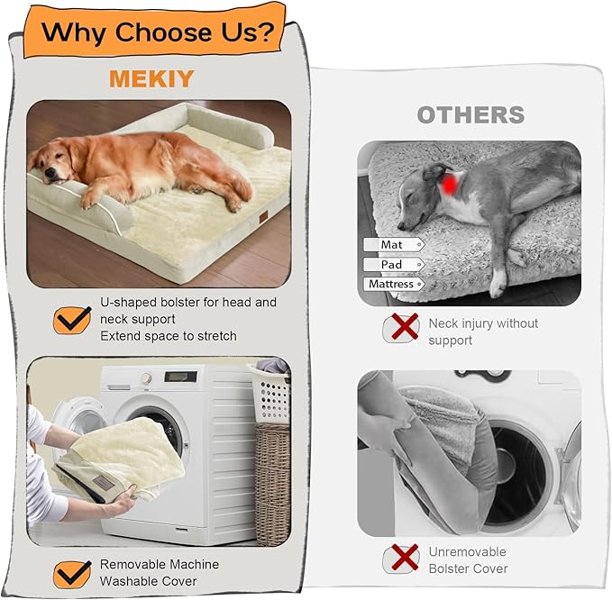 Large Dog Bed Orthopedic Washable - Beds Bolster Pet - XXXL Large Big Dogs - Memory Foam - Couch Sofa Bed- Waterproof with Removable Cover - Beige Dog Bed