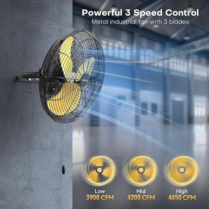 18 Inch Industrial Wall Fan, 4800 CFM Metal Wall Mount Fans with Poweful Motor, 3 Speed, Heavy Duty Fan Indoor for Covered Patio, Greenhouse, Gazebo, and Garage, UL Listed