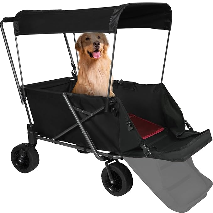 REDCAMP Folding Dog Wagon Cart with Removable Canopy Heavy Duty, 220L Large Collapsible Utility Cart Dog Stroller with Tailgate for Sports Shopping Pet, Black