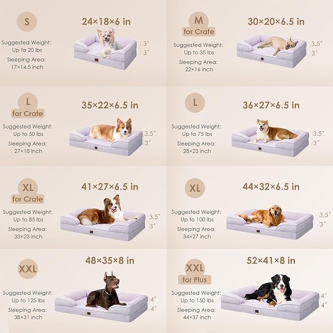 EHEYCIGA Orthopedic Dog Bed for Medium Dogs, Waterproof Memory Foam Medium Pet Beds with Sides, Non-Slip Bottom and Egg-Crate Foam Dog Couch Bed with Washable Removable Cover, Lilac