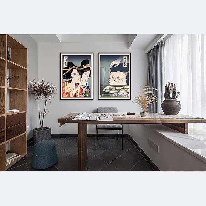 2 Funny Cute Canvas Paintings Japanese Woman Yelling at Cat Eat Food Poster Print Vintage Wall Art Meme Pictures Dining Room Kitchen Hallway Unframed 12x16 inches…