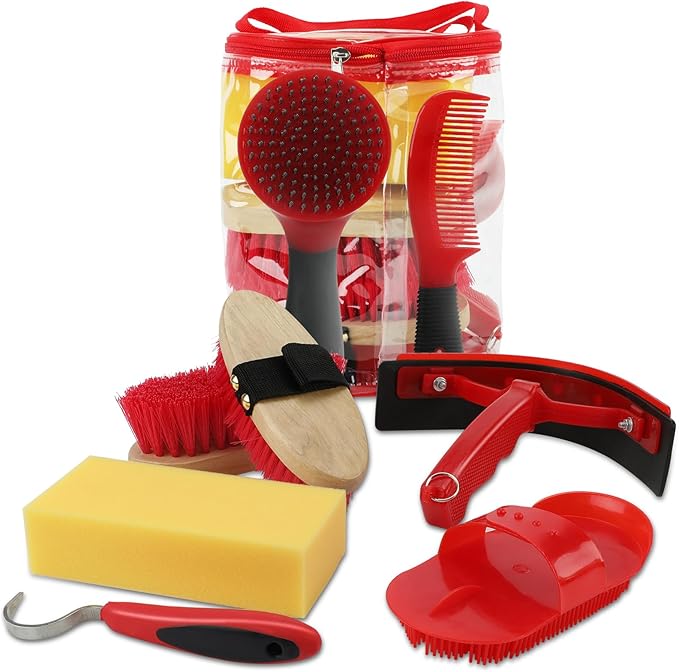 9 Pieces Grooming Kit with Tote Bag - Brush Set, Sweat Scraper, Sponge, Hoof Pick, Curry Comb for Horse Riders and Beginners (Red)